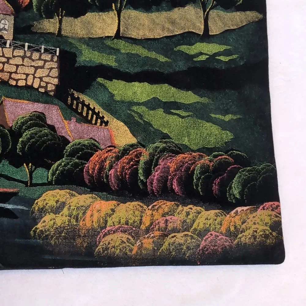 Vintage Hand Painted Velvet Painting Wall Hanging Colorful Village Folk Art MCM